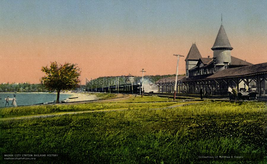 Postcard: Maine Central Railroad Station and Beach, Sebago Lake, Maine